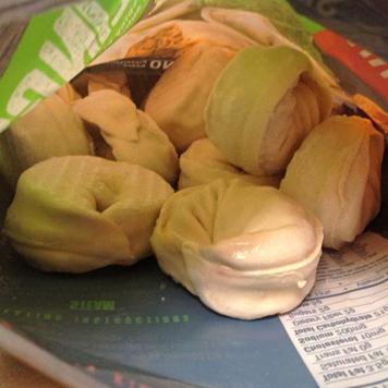Inside of Silk Road Foods Kimchi & Pork Dumplings bag from Costco